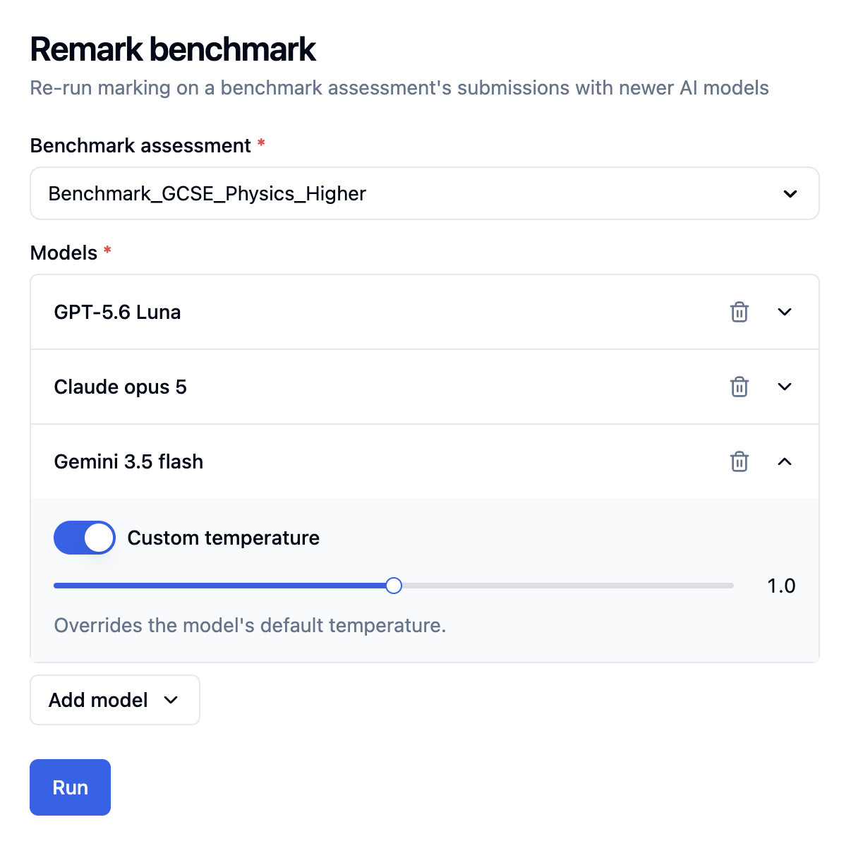 The Running Paper interface for running a benchmark, showing a selected benchmark assessment and the model configurations queued to be tested against it