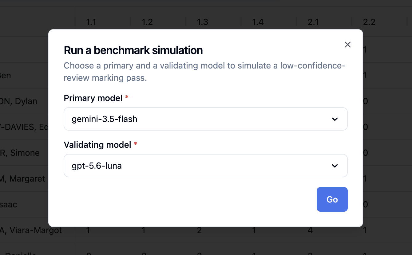 Running a benchmark simulation by choosing a primary and a validating model